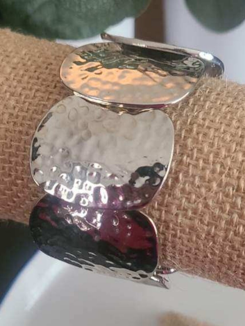 Hammered Silver Tone Stretch Bracelet Chunky Modern Boho
